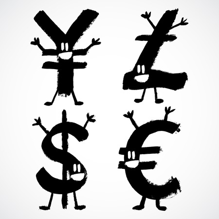 Vector illustration of Dollar, Pound, Yen and Euro in grunge styleのイラスト素材