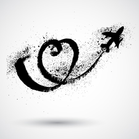 Grunge Airplane flying in the white sky leaving behind a love shaped smoke trailのイラスト素材