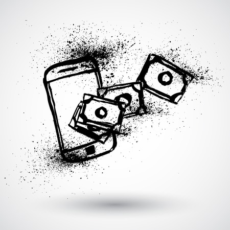 Grunge cellphone and money on white backgroundのイラスト素材