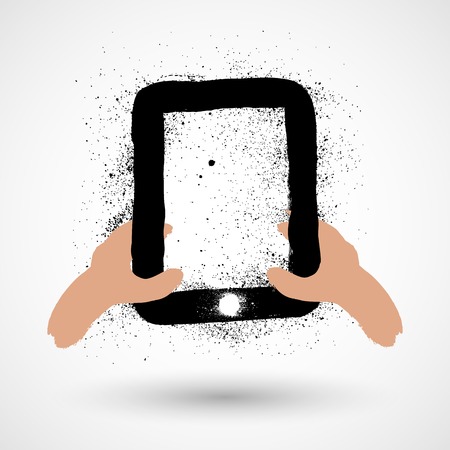 Hands holding a tablet touch computer gadget in grunge sty;eのイラスト素材