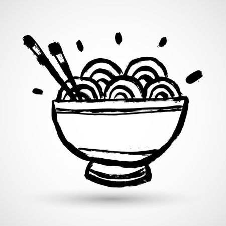 Grunge black bowl icon with chinese noodlesのイラスト素材