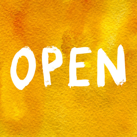 Open sign on abstract colorful watercolor backgroundの写真素材