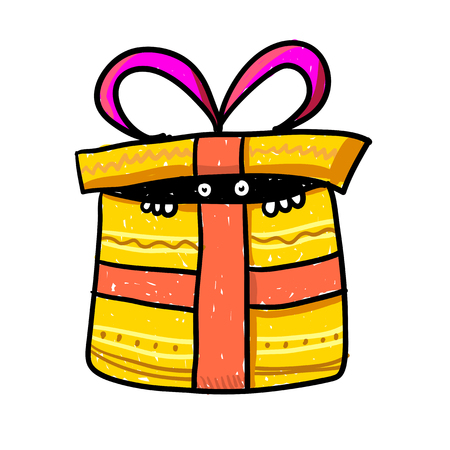 Funny monster in gift box - surprise delivery vector illustration. Yellow present box with orange ribbon bow - something with white eyes inside. Retro cartoon character, cute and funny.のイラスト素材