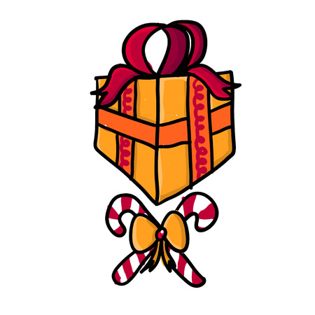 Hand drawn doodle gift box with Christmas candy and ribbonのイラスト素材