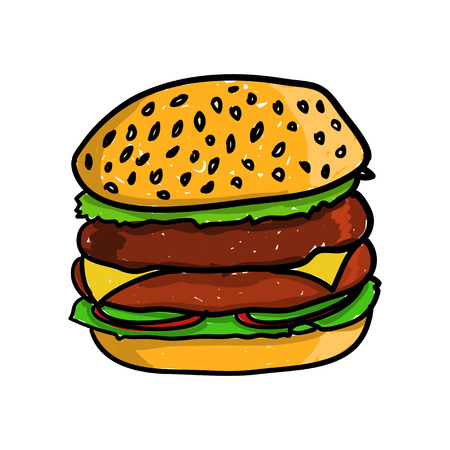 Big and tasty hamburger. Vector doodle illustrationのイラスト素材