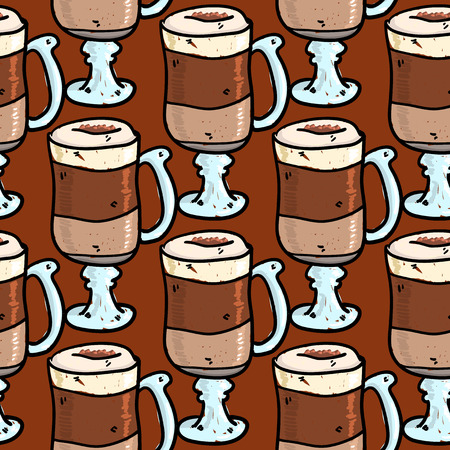 Seamless pattern with hand drawn doodle cups of coffee. Cartoon morning coffee tiling pattern.のイラスト素材