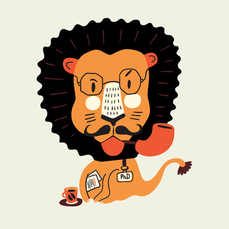 Lion Professor. Vector cartoon flat illustration. Lion with glasses, badge, pipe and documents sitting with cup of hot coffeeのイラスト素材