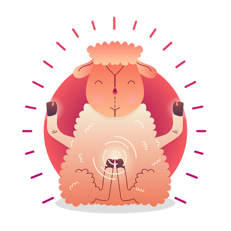 Vector funny cute Sheep sitting in yoga lotus pose and relaxing meditates. Adorable cartoon animal illustration. Art for design posters, t-shirts, invitationsのイラスト素材