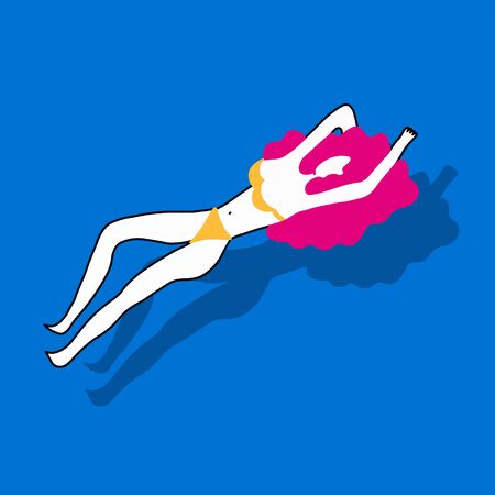 Illustration of beautiful woman relaxing in the pool, top view. Summer water activities. Vector banner, poster illustration designのイラスト素材