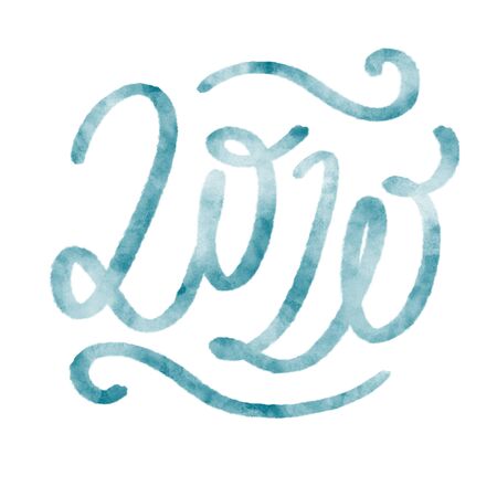 Watercolor illustration: Blue Brushstroke acrylic paint lettering calligraphy of 2020 on white background. Happy New Yearの写真素材