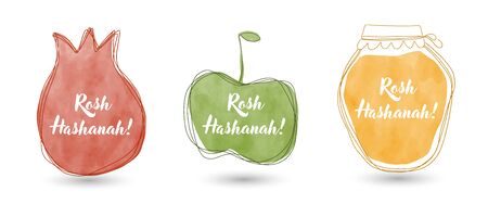 Greeting card with symbols of Jewish holiday Rosh Hashana, New Year. Blessing of Happy new year, shana tova, vector illustration templateのイラスト素材