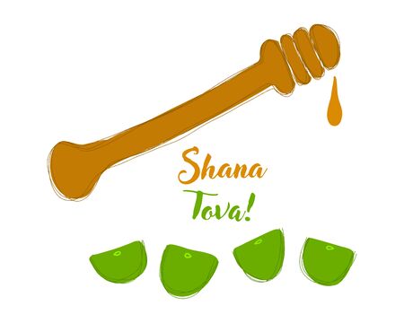 Greeting card with symbols of Jewish holiday Rosh Hashana, New Year. Blessing of Happy new year, shana tova, vector illustration templateのイラスト素材