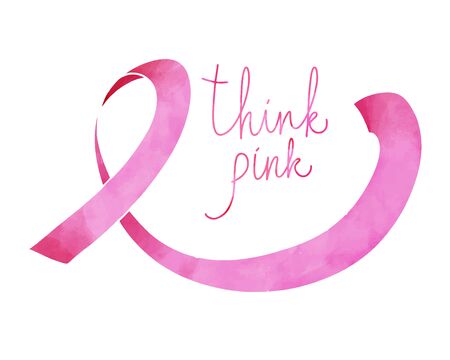 Breast cancer awareness pink ribbon icon. Watercolor hand-drawn doodle vector illustration with text Think Pink.のイラスト素材