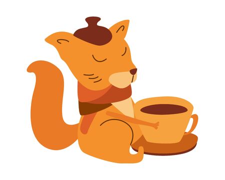 Hand-drawn illustration of cute doodle cartoon autumn squirrel with cup of coffee or tea, with scarf and hat, isolated on white backgroundのイラスト素材