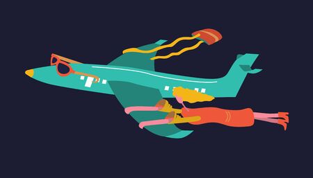 Businesswoman with suitcase holding on the wing of airplane. Business travel and transportation concept. Traveler missing flight. Troubles with transit flight. Flat cartoon vector illustration conceptのイラスト素材