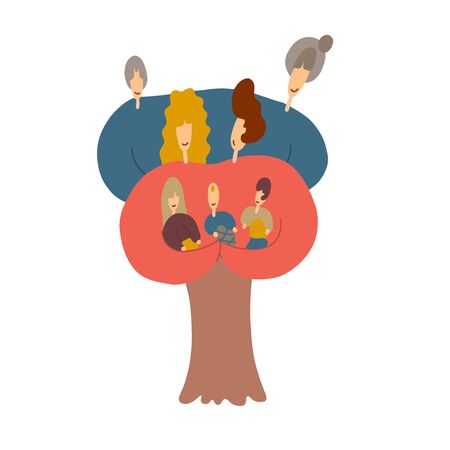 Big family gathering together vector isolated. Vector cartoon illustration of Diverse Group of People Together Portrait on white background. Genealogical tree. Family tree sketch vector logo.のイラスト素材