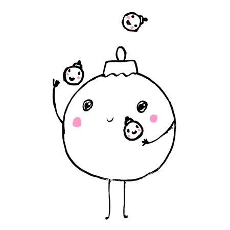 Merry Christmas ball toy juggles New Year's small toys. Cute cartoon funny kawaii character. Tree decoration. Greeting card. Isolated. Flat doodle hand-drawn grunge design Vector illustrationのイラスト素材