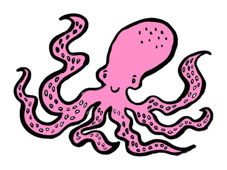 Cute Octopus Cartoon Mascot Character. Vector Illustration Isolated On White Background. Grunge ink hand-drawn style.のイラスト素材