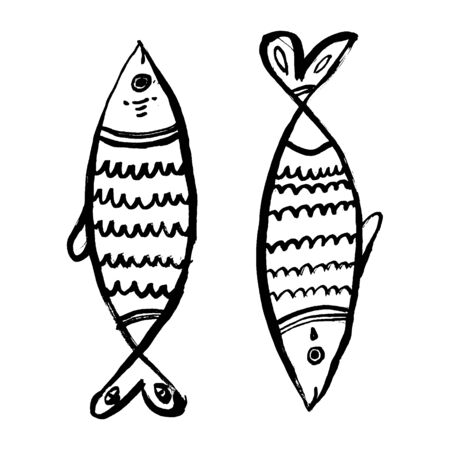 Stylized fishes in grunge line art. Aquarium, river or sea ornamental fish. Children's drawing. Black and white drawing by hand. Line art.のイラスト素材
