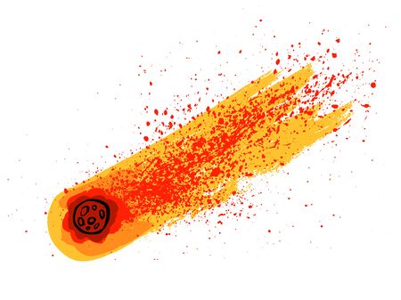 Flame meteorite. Meteor rain fall on planet in cartoon style. Cataclysm color icon. Vector...
