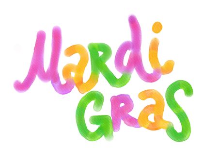 Mardi Gras - watercolor hand drawn carnival lettering phrase isolated on the white background. Fun brush ink inscription for photo overlays, greeting card or t-shirt print, poster designの写真素材