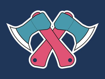 Two axes with wooden handles are crossed thin line icon. Vector cartoon doodle illustration for lumberjack or sawmill logo.のイラスト素材