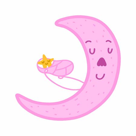 Poster of pink cute moon holding baby of yellow star. Design for baby room decoration. Childish style, pink color. Perfect for fabric, print, logo, sign, cards, banners. Kids wall art design.のイラスト素材