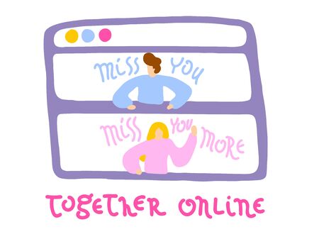 Together online concept. Design of online love or dating. People Characters using Mobile App for Dating and Communication. Woman and man chatting in virtual chat. Social Media Concept.のイラスト素材