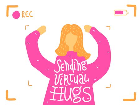 Sending virtual hug corona virus crisis banner. Defeat covid 19 stay home infographic. Social media love banner. Online pandemic support message. Motivational get through together concept stickerのイラスト素材