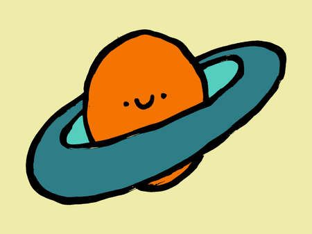 Cute cartoon planet character with face and ring. Emblem,  childish design. Hand-drawn doodle icon. Grunge ink colorful drawing.のイラスト素材