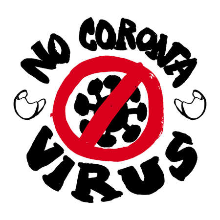 Coronavirus Icon with Red Prohibit Sign, 2019-nCoV Novel Coronavirus Bacteria. No Infection and Stop Coronavirus Concepts.Dangerous Coronavirus Cell in China, Wuhan. Isolated Vector Doodle Grunge Iconのイラスト素材