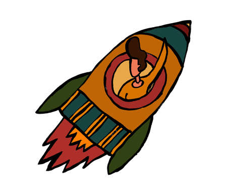 Startup and successful innovation business launch concept. Vector flat person illustration. Businessman character sit in rocket fly in sky. Rise arrow sign. Design element for banner, poster, webのイラスト素材