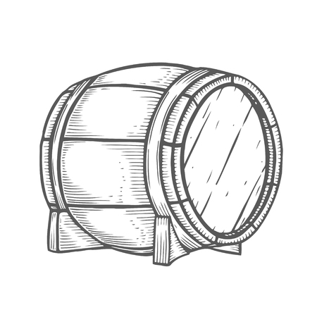 Hand drawn Wooden craft beer, whiskey, wine alcohol barrel. Black vintage engraved vector illustration. Craft container sketch. Wooden cylindrical container for liquidのイラスト素材