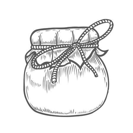 Hand drawn Honey, jam jar vintage. Engraved organic food sketch illustration. Black isolated on white background.のイラスト素材