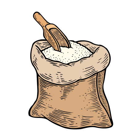 Hand drawn Sack with whole flour or sugar with scoop. Sketch style. Isolated on white background. Vintage black vector engraving illustration for label, web, flayer bakery shop.のイラスト素材