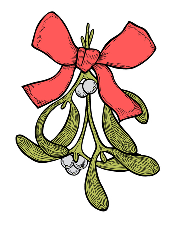 Hand drawn mistletoe plant with berry. Vector Christmas plant retro vintage style. Romantic Christmas illustration. Greeting card design. Vector new year mistletoe. Winter template.のイラスト素材