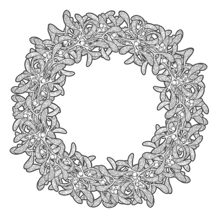 Mistletoe wreath. Christmas plant retro vintage style. Romantic Christmas illustration. Greeting card design. Vector new year mistletoe. Winter template.のイラスト素材