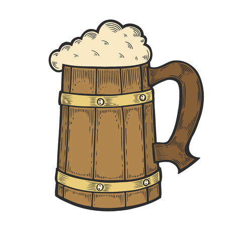 Colored Wooden craft beer oktoberfest mug. Black vintage engraved hand drawn vector illustration. Black isolated on white background. Sketch Wooden cylindrical container for liquid.のイラスト素材