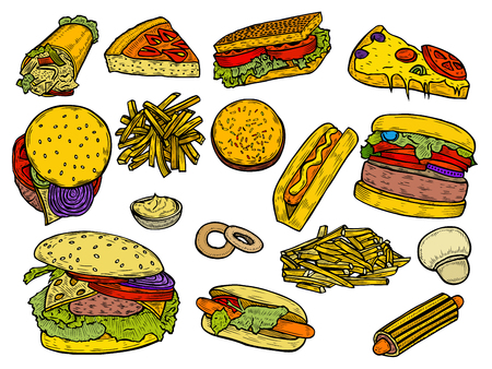 Hand drawn colored fast food vector set engraving other types of fat junk food gluten hot dog, burger, tacos, burrito, fries, tortilla, and fajitasのイラスト素材