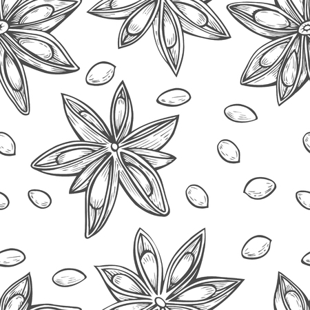 Hand drawn Seamless background of Anise star flower seed plant . Sketch illustration. Spicy herbs. Star anise Doodle design cooking ingredient for food, dessert. Seasoning spice herb.のイラスト素材