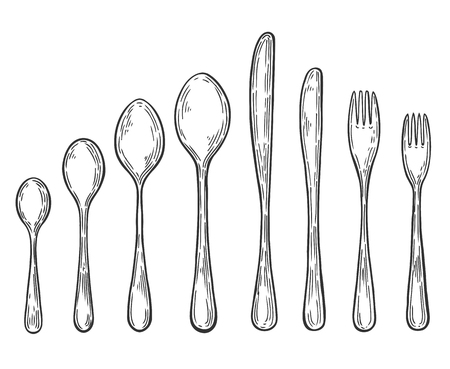 Big set of Hand drawn Fork, spoon, knife illustration, drawing, engraving, ink, line art, vectorのイラスト素材