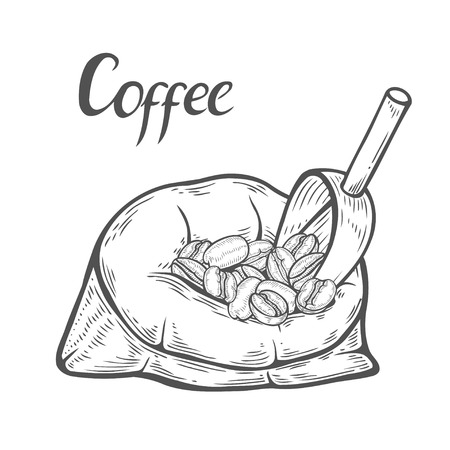 Hand drawn Sack with coffee beans with metallic scoop. Hand drawn sketch style. Vintage vector engraving illustration for label, web. Isolated on white backgroundのイラスト素材