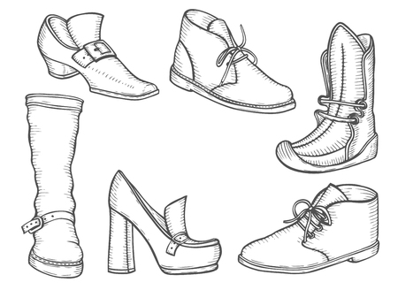 Male and female boot set illustration. Winter and summer shoes in classic style, drawing, engraving, ink, line art. Vector illustration.のイラスト素材