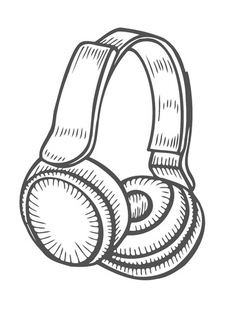 Headphones, Hand drawn Engraving vintage vector black. Isolated on white background. Stylish design with sketch illustrationのイラスト素材