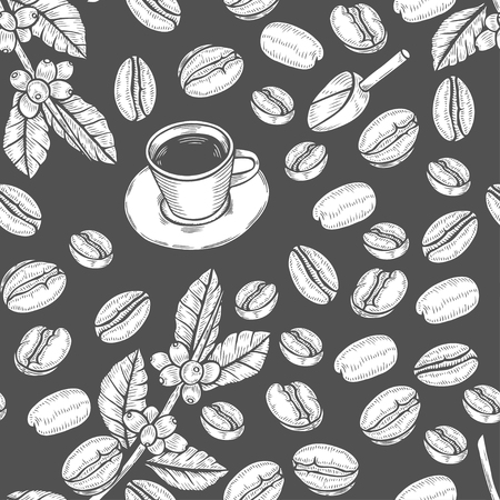 Seamless pattern coffee beans. Vector vintage black engraving illustration for poster, menu, banner. Isolated on white backgroundのイラスト素材