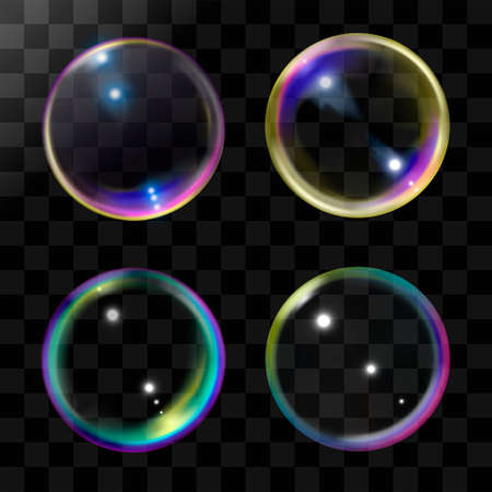 Realistic soap or shampoo bubbles with rainbow reflection. Isolated on transparent background. Vector illustration set bubbles.のイラスト素材
