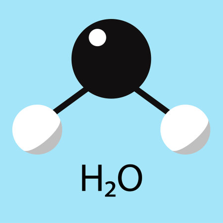 Water molecule on a blue background. Ball-rod model. Flat style, vector illustrationのイラスト素材