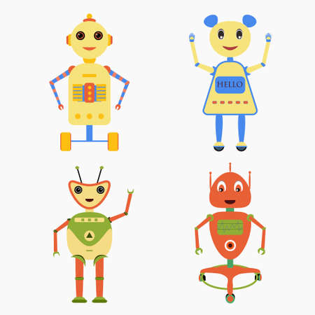 Set of robots in cartoon style. Isolated vector robots in a white backgroundのイラスト素材