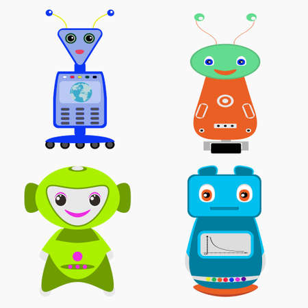 Set of multicolored robots in cartoon style. Isolated vector robots in a white backgroundのイラスト素材