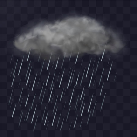 Thundercloud with rain. Rainy gray cloud. Realistic vector illustration isolated on transparent backgroundのイラスト素材